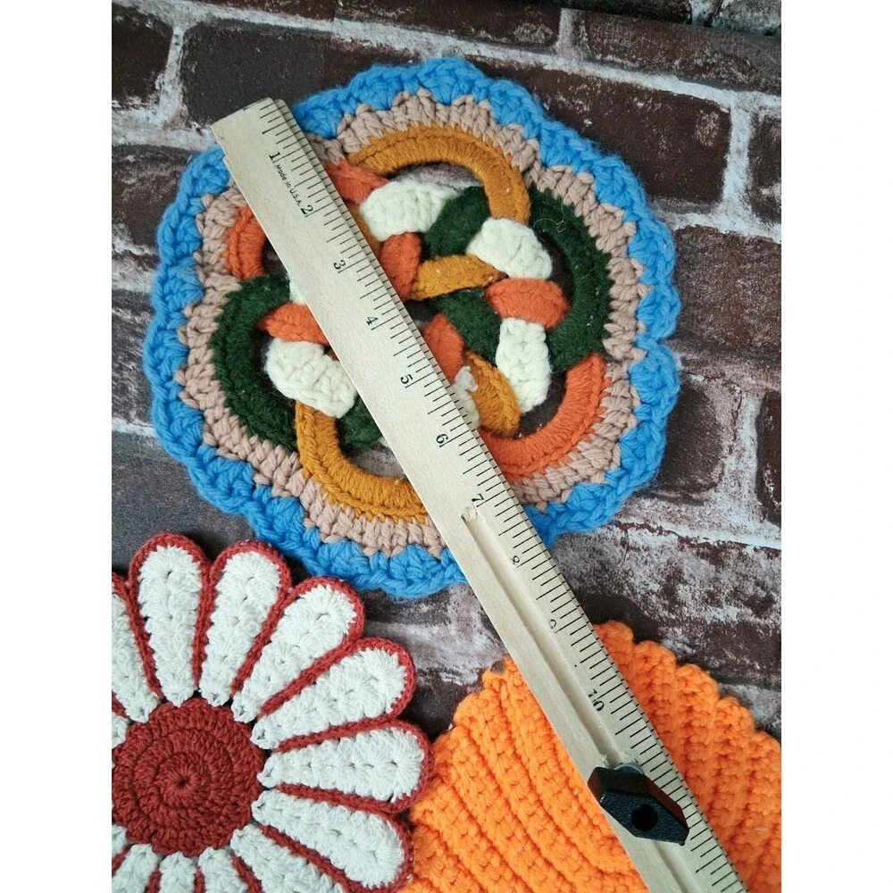 Lot Of 6 Vintage Crochet Pot Holders Trivets Handmade Kitchen Decor 70s 80s